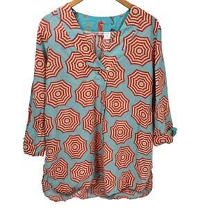 Tizzie Tunic Top Womens Large Linen Cotton Coastal Blue Red V-Neck Pullover